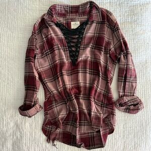 A&E Maroon Tie Up Flannel Pullover L